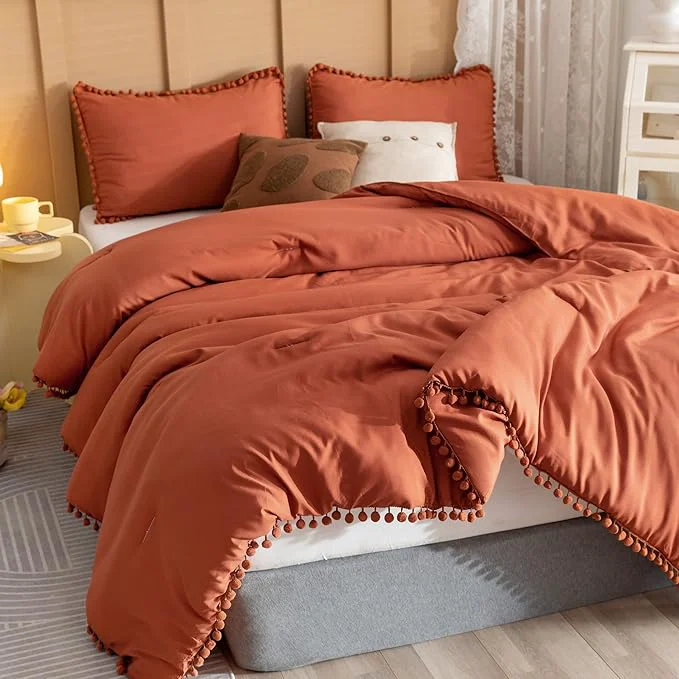 Secure YIRDDEO Queen Comforter Set - Comforter Queen Size Sets with Ball Pom Fringe Soft Bedding Set for All Seasons - 3 Pieces 1 Comforter 90 quot x90 quot amp 2 Pillow Shams 20 quot x26 quot Terracotta Prestigious
