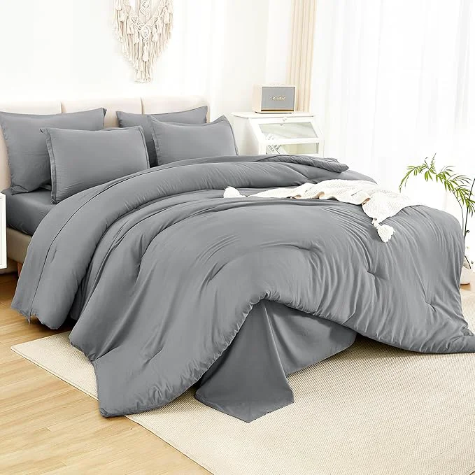 Contemporary Litanika King Size Comforter Set Medium Gray - 7 Pieces Bed in a Bag King Bedding Comforter Sets Solid Lightweight Bed Set with Comforter Sheets Pillowcases amp Shams Functional
