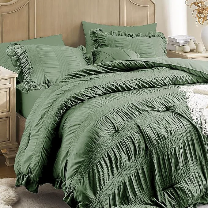 Comfortable QUIETSEA Full Comforter Set Seersucker 7 Pieces Luxury Ruffle Bed in a Bag Full Size for All Season Green Bedding Set with Comforter Pillowcases Flat Sheet Fitted Sheet and Pillow Shams Premium Material