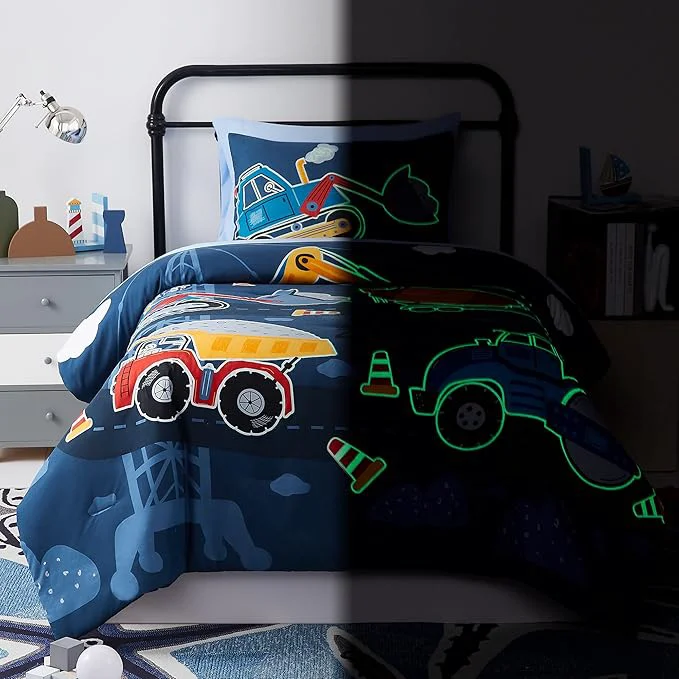 Secure Twin Kids Comforter Set - 5 Pieces Twin Bedding Sets for Boys Teen Glow in The Dark Truck Tractor Excavator Bed in A Bag with Sheets Certified