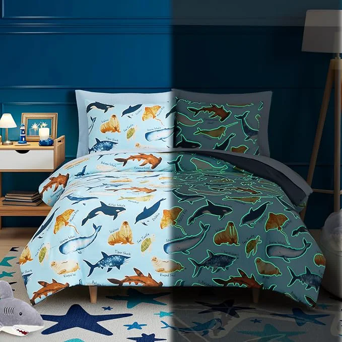 Durable Full Comforter Set for Boys Kids - 7 Pieces Glow in The Dark Ocean Animals Full Size Bedding Sets for Kids Ultra Soft Bed in A Bag with Sheets Consistent