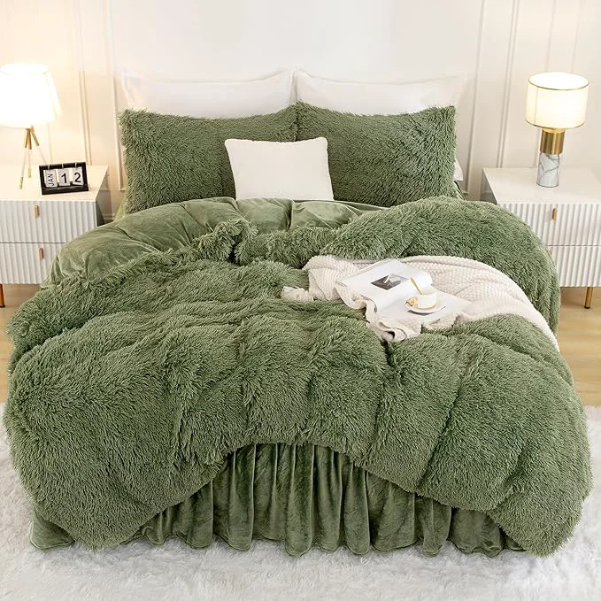 High-Performance Andency Faux Fur Sage Green Comforter Set Queen Size 3 Pieces Fluffy Fuzzy Plush Bedding Comforter Set 1 Shaggy Velvet Comforter amp 2 Pillowcases Soft Puffy Comfy Down Comforter Bedding Set Smooth