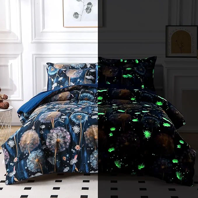 Pure Glow in The Dark Kids Comforter Set 5 Pieces Blue Dandelion Bedding Set Twin Size for Boys Girls Teen 1 Comforter 2 Pillowcases 2 Pillow Shams 1 Flat Sheet 1 Fitted Sheet Environmentally Friendly