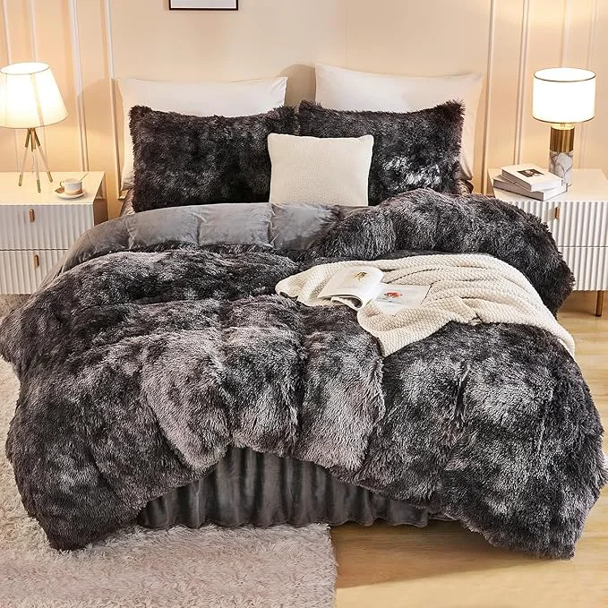Easy-to-Use Andency Faux Fur Tie-Dyed Dark Grey Comforter Set Full Size 3 Pieces Fluffy Fuzzy Plush Bedding Comforter Set 1 Shaggy Velvet Comforter amp 2 Pillowcases Soft Puffy Down Comforter Bedding Set Next-Generation