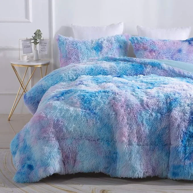 Specialty Wajade Faux Fur Plush Galaxy Blue Comforter Set Fluffy Fuzzy Shaggy Bedding Set - 3PC Full Queen Microfiber Soft Warm Quilt Set Fine Crafted