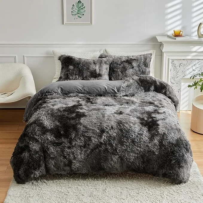 Fashionable Wajade Faux Fur Plush White Comforter Set Fluffy Fuzzy Shaggy Bedding Set - 3PC Full Queen Microfiber Soft Warm Quilt Set Tie Dye Dark Grey Queen Exclusive