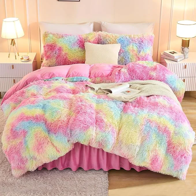 Reusable Andency Faux Fur Tie-Dyed Rainbow Comforter King Size 3 Pieces Fluffy Fuzzy Plush Bedding Comforter Set 1 Shaggy Velvet Comforter amp 2 Pillowcases Soft Puffy Comfy Down Comforter Bedding Set Original
