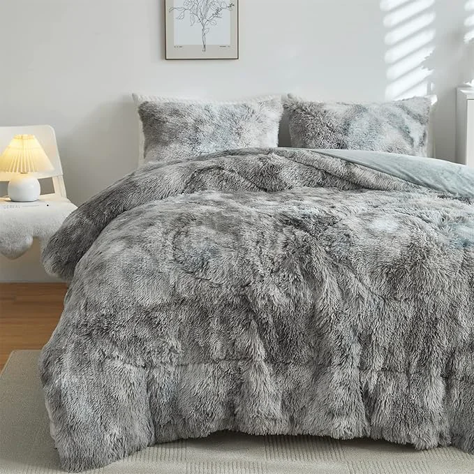 Functional Wajade Faux Fur Plush Tie Dye Grey White Comforter Set Fluffy Fuzzy Shaggy Bedding Set - 3PC Full Queen Microfiber Soft Warm Quilt Set Fast