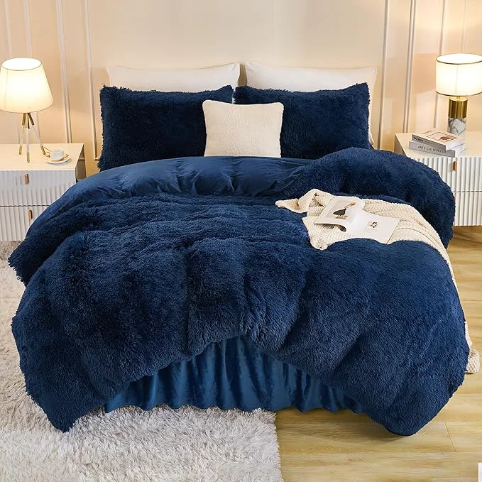 High-Quality Andency Fluffy Navy Blue Comforter Set King Size 3 Pieces Winter Faux Fur Warm Soft Fuzzy Plush Bedding Comforter Set 1 Velvet Comforter amp 2 Pillowcases Thick Heavy Comfy Comforters Bedding Set World-Class