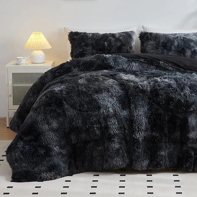 Effective Wajade Faux Fur Plush Black Comforter Set Fluffy Fuzzy Shaggy Bedding Set - 3PC King Size Microfiber Soft Warm Quilt Set Fine Crafted