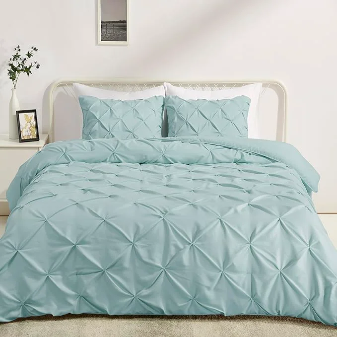 Dependable Amazon Basics 3-Piece Soft Lightweight All-Season Down- Comforter Bedding Set Pinch Pleat Design with Piped Edges Full Queen Spa Blue Premium