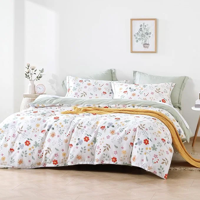 Expertly Made Botanical Cotton Comforter King Size 3Pcs - Colorful Flowers Berries and Leaves on White Chevron Sage Green Back Reversible Lightweight Bedding Sets with Soft Fill King 104 quot ×90 quot Exceptional