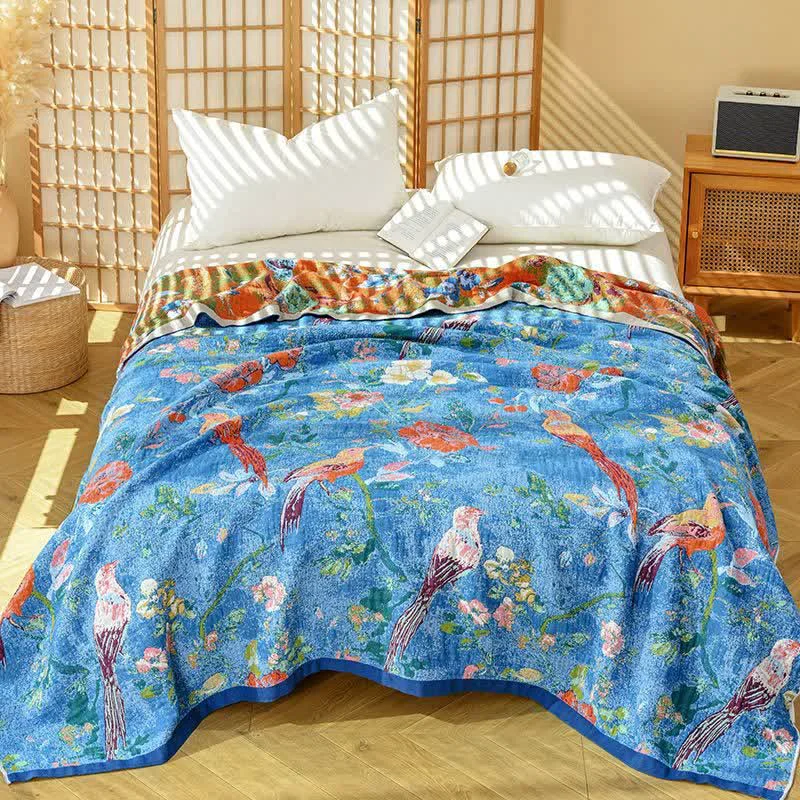 Durable Ownkoti Artistic Floral Bird Cotton Gauze Quilt High-Grade