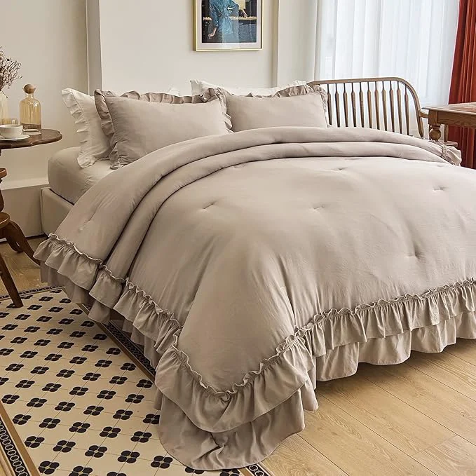 Trusted AIKASY Taupe Comforters Twin Size Set Vintage Boho Chic Farmhouse Bedding Sets Shabby Ruffle Queen Bed Comforter Bedding 3PCS（1 Comforter and 2 Pillowcases） Pure