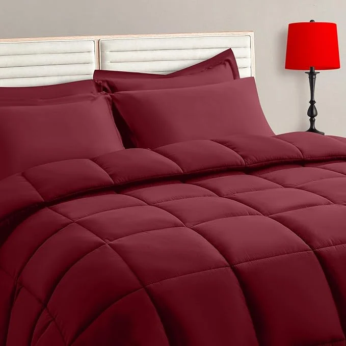 Convenient TAIMIT Burgandy Queen Size Comforter Set - 7 Pieces Bed in a Bag Bedding Sets with All Season Soft Quilted Warm Fluffy Reversible Comforter Flat Sheet Fitted Sheet 2 Pillow Shams 2 Pillowcases Functional