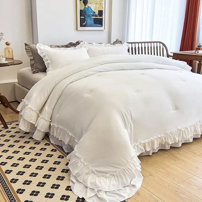 Dependable AIKASY White Comforters Twin Size Set Vintage Boho Chic Farmhouse Bedding Sets Shabby Ruffle Queen Bed Comforter Bedding 3PCS（1 Comforter and 2 Pillowcases） Safe