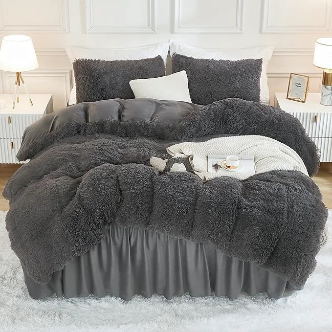 Modern Andency Dark Grey Comforter Set King Size 3 Pieces Faux Fur Gray Fluffy Fuzzy Plush Bedding Comforter Set Soft Puffy Comfy Down Comforter Bed Set Optimized