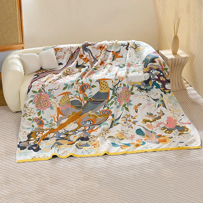Next-Generation Ownkoti Luxurious Bird Floral Cotton Gauze Blanket Comfortable