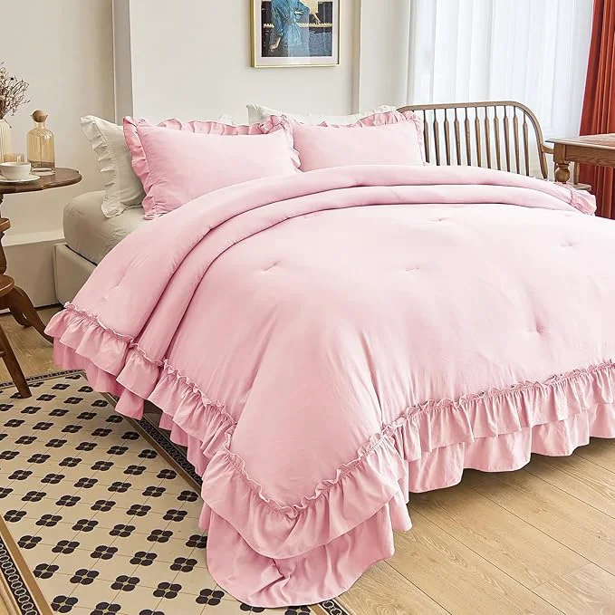Fine AIKASY Peach Pink Ruffle Comforter King 3 Pieces Vintage Ruffle Fringe Comforter Farmhouse Rustic Microfiber Down Bedding Comforter Set 1 Comforter 2 Pillow Shams Flexible