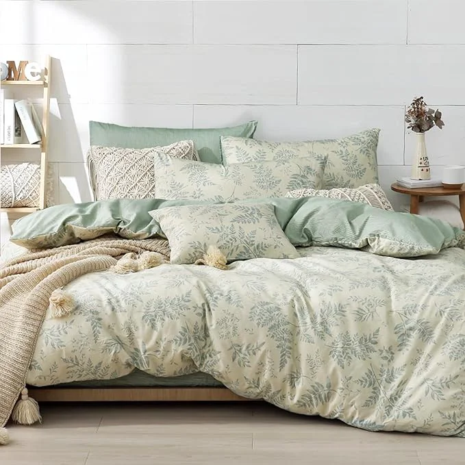 Healthy Botanical Cotton Comforter Queen Size - Dusty Green Comforter Printed with Luxurious Greyish-Green Ferns on Beige Reversible Lightweight Bedding Sets 3Pcs 90 quot ×90 quot Unique