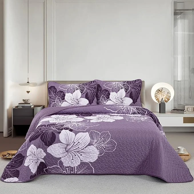 High-Grade DJY 3 Pieces Quilt Set King Dark Purple Floral Pattern Quilt Coverlet Set Elegant Boho Bedspread with 2 Pillow Cases Soft Microfiber Botanical Bedding Quilt Set for Teens Adults 104 quot x 90 quot Effective