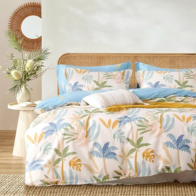 Selected Tropical Coastal Blue Cotton Comforter Queen Size 3Pcs - Bright Orange Olive Green amp Beige Palm and Leaf Patterns Botanical Lightweight Reversible Bedding Sets with Soft Fill 90 quot ×90 quot First-Class
