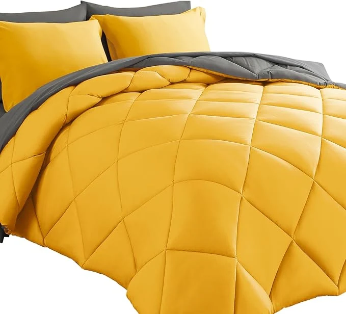 High-Quality Cosybay Bed in a Bag King Reversible Comforter Sets 7pcs All Season Down Bedding Sets Yellow and Grey with Comforter Pillow Shams Flat Sheet Fitted Sheet and Pillowcase Recyclable