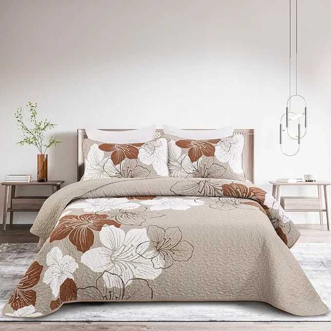 Crafted DJY 3-Piece Quilt Set - California King Taupe Boho Floral Pattern Quilt Coverlet Set with 2 Pillow Shams - Lightweight Bedding for Adults Taupe 106 quot x96 quot Classic