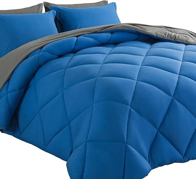 Modern Cosybay Bed in a Bag Full Comforter Sets 7pcs All Season Solid Down Bedding Sets Blue and Grey with Comforter Pillow Shams Flat Sheet Fitted Sheet and Pillowcases Luxury