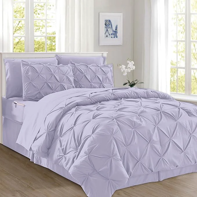 Reusable Elegant Comfort 8-Piece Pinch Pleated Comforter Set - All Season Complete Bed in a Bag Includes 4pc Smart Sheet Set Bed Skirt Comforter Matching Pillowcases and Shams Twin Twin XL Lavender Breathable