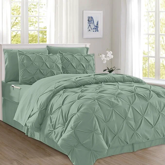 High-End Elegant Comfort 8-Piece Pinch Pleated Comforter Set - All Season Complete Bed in a Bag Includes 4pc Smart Sheet Set Bed Skirt Comforter Matching Pillowcases and Shams King Cal King Sage Green Minimalist