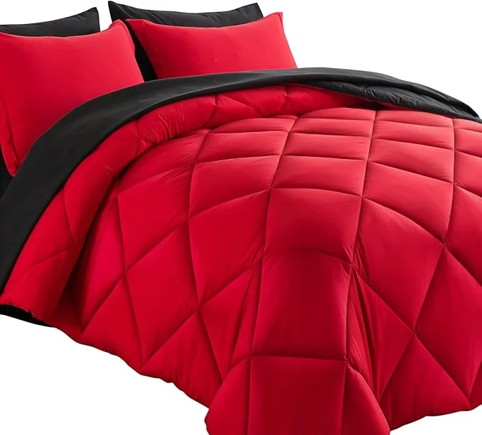 Pure Cosybay Bed in a Bag Full Reversible Comforter Sets 7pcs All Season Down Bedding Sets Red and Black with Comforter Pillow Shams Flat Sheet Fitted Sheet and Pillowcase Authentic