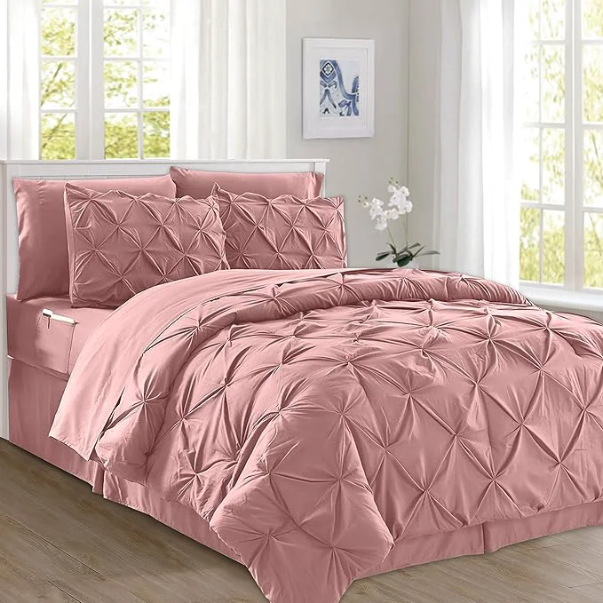 Prestigious Elegant Comfort 8-Piece Pinch Pleated Comforter Set - All Season Complete Bed in a Bag Includes 4pc Smart Sheet Set Bed Skirt Comforter Matching Pillowcases and Shams King Cal King Dusty Rose Fast