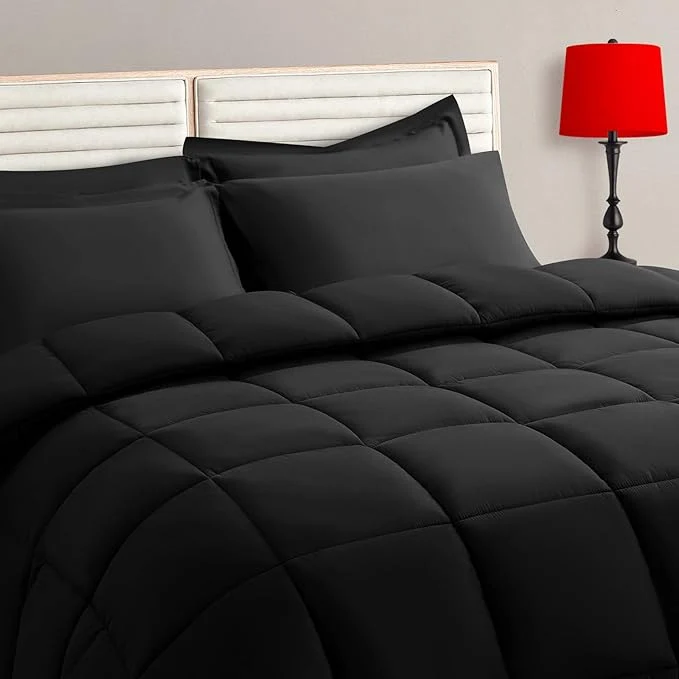 Carefully Designed TAIMIT King Size Comforter Set - 7 Pieces Bed in a Bag Bedding Sets with All Season Soft Quilted Warm Fluffy Reversible Comforter Flat Sheet Fitted Sheet 2 Pillow Shams 2 Pillowcases Black Pure