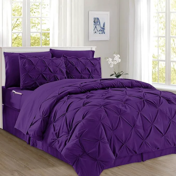 Exclusive Elegant Comfort 8-Piece Pinch Pleated Comforter Set - All Season Complete Bed in a Bag Includes 4pc Smart Sheet Set Bed Skirt Comforter Matching Pillowcases and Shams Twin Twin XL Purple High-End