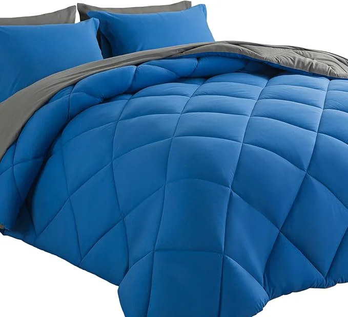 Sustainable Cosybay Bed in a Bag King Comforter Sets 7pcs All Season Solid Down Bedding Sets Blue and Grey with Comforter Pillow Shams Flat Sheet Fitted Sheet and Pillowcases World-Class