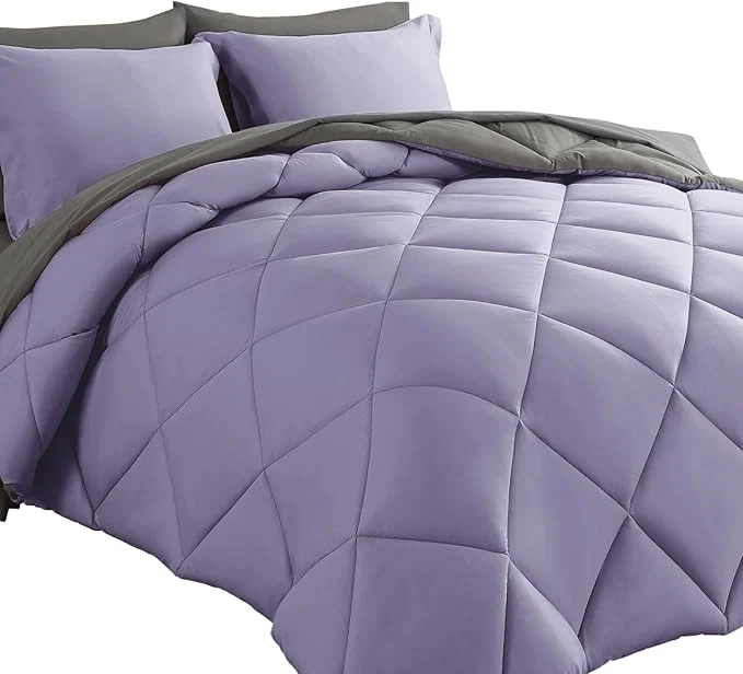 High-Quality Cosybay Bed in a Bag King Reversible Comforter Sets 7pcs All Season Down Bedding Sets Lavender and Grey with Comforter Pillow Shams Flat Sheet Fitted Sheet and Pillowcase First-Class