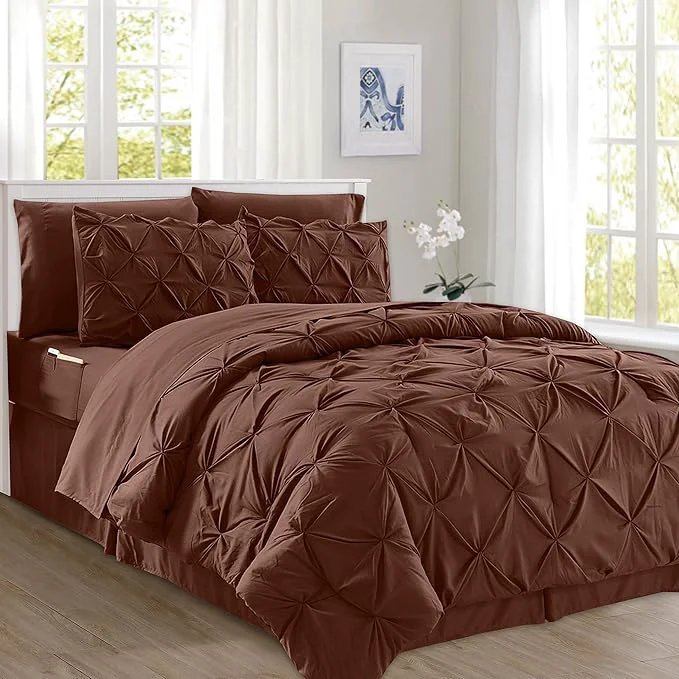 Easy-to-Use Elegant Comfort 8-Piece Pinch Pleated Comforter Set -All Season Complete Bed in a Bag Includes 4pc Smart Sheet Set Bed Skirt Comforter Matching Pillowcases and Shams Twin Twin XL Chocolate Brown Exclusive