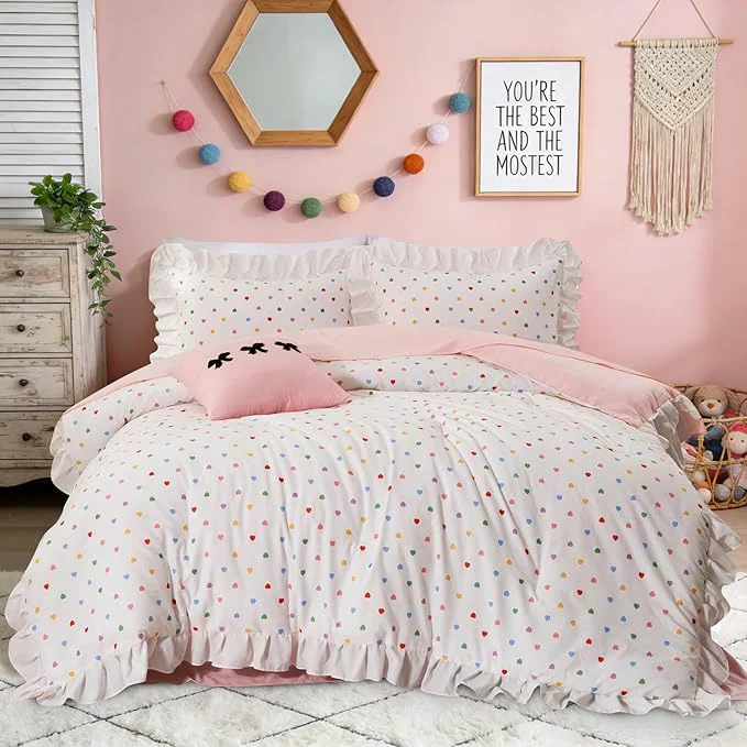 Proven A Nice Night Colorful Heart Love Pattern Bedding Set Ruffle 6 Piece Bed in a Bag Matching Sheet Set Princess Chic Style White Comforter Sets Room Decor for Girls Twin Unique
