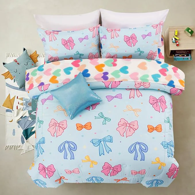 Healthy A Nice Night Lightweight Soft 6 Piece Bowknot Comforter Set Queen Size Bed in a Bag Cartoon Bow amp Polka Dot Design Bedding Set for Girls Kids Effective