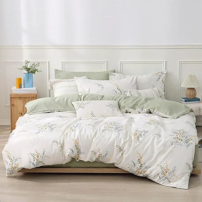 Professional White Cotton Comforter King Size 3Pcs - Blue Branches amp Orange and Green Buds on White Chevron Sage Green Back Reversible Lightweight Bedding Sets with Soft Fill King 104 quot ×90 quot Clean