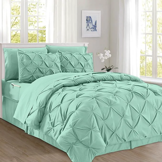 Durable Elegant Comfort 8-Piece Pinch Pleated Comforter Set - All Season Complete Bed in a Bag Includes 4pc Smart Sheet Set Bed Skirt Comforter Matching Pillowcases and Shams Full Queen Mint Green Flexible