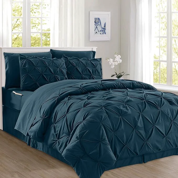 Convenient Elegant Comfort 8-Piece Pinch Pleated Comforter Set - All Season Complete Bed in a Bag Includes 4pc Smart Sheet Set Bed Skirt Comforter Matching Pillowcases and Shams King Cal King Sapphire Blue Modern