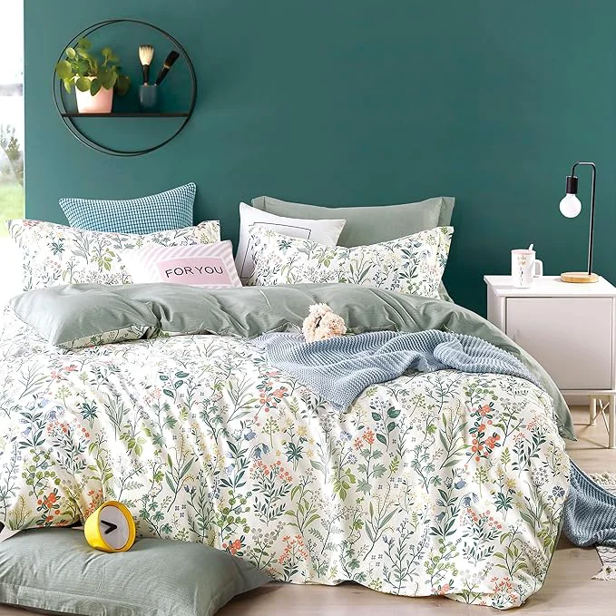 Contemporary Floral Cotton Comforter Twin Size - Botanical Wildflower Pattern with Soft Pestel Accents on White Textured Dusty Green Back 2PC Lightweight Bedding Set with Down Fill 68 quot ×90 quot Specialty