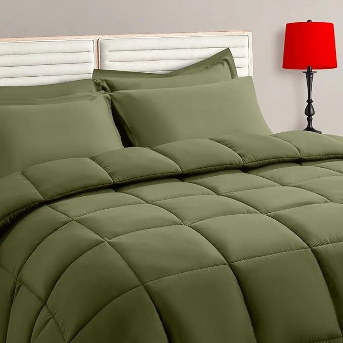 Detailed TAIMIT Olive Green King Comforter Set - 7 Pieces Bed in a Bag Bedding Sets with All Season Soft Quilted Warm Fluffy Comforter Flat Sheet Fitted Sheet 2 Pillow Shams 2 Pillowcases Crafted