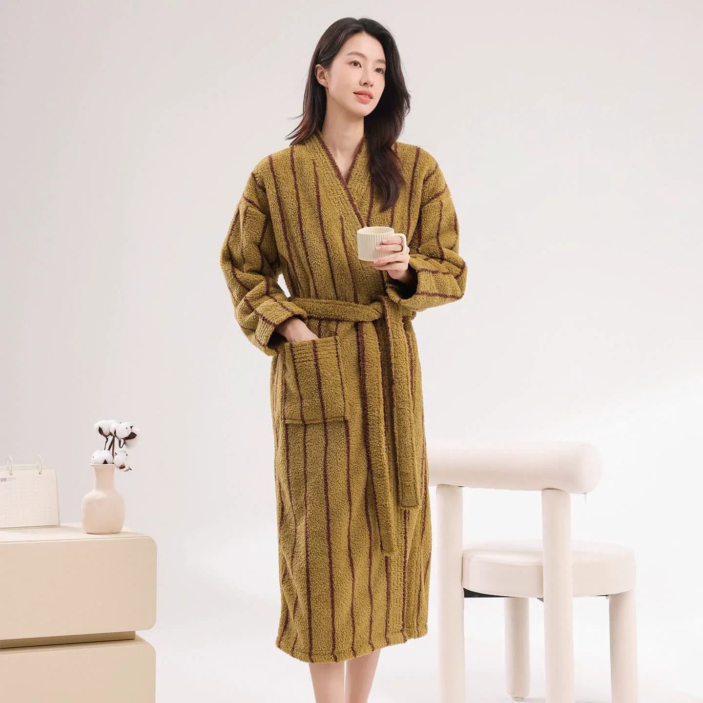 Genuine Ownkoti Vertical Stripe Warm Plush Robe Sophisticated