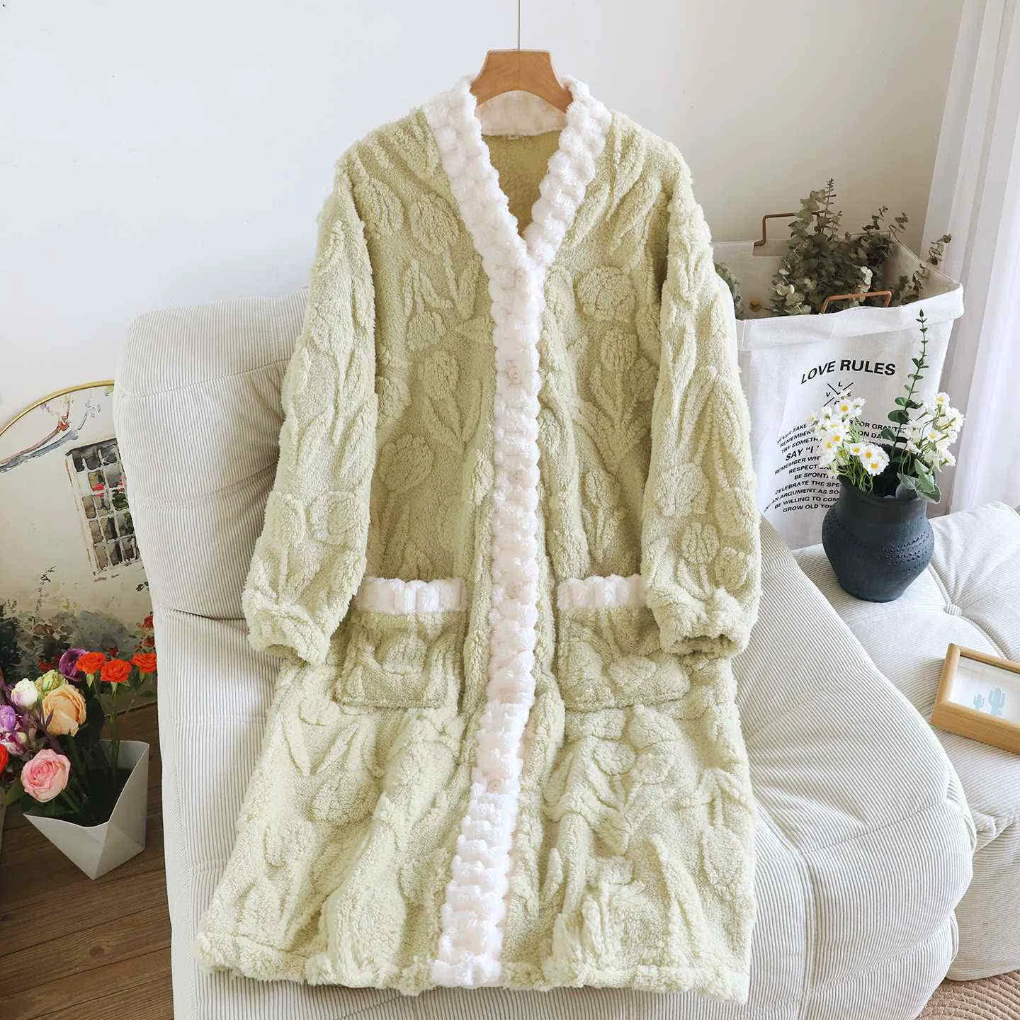 Premium Ownkoti Tulip Textured Plush Button Nightgown Fashionable
