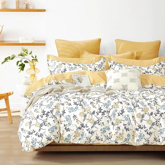 Certified Yellow Floral Cotton Comforter King Size - Orange Blue amp Slate Gray Botanical Pattern on Off White Reversible Design 3PC Lightweight Bedding Set with Soft Fill King Top-Quality