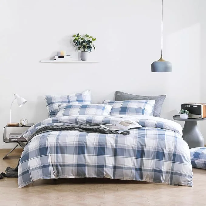 Reusable Vintage Cotton Comforter King Size 3Pcs - Classic Tartan Plaid Pattern with Denim Blue Soft Gray and White Lightweight Bedding Sets with Soft Fill 1 Comfoter 104 quot ×90 quot 2 Pillowcases Expertly Made