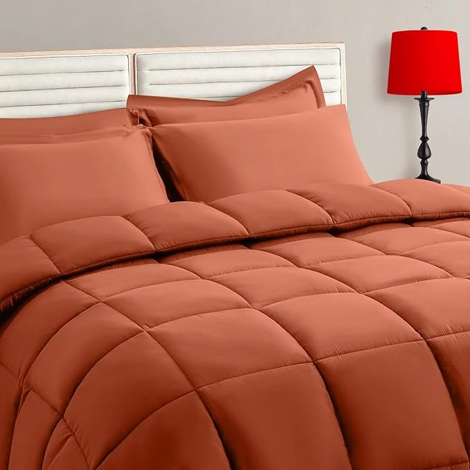 Stylish TAIMIT Burnt Orange Twin Size Comforter Set - 5 Pieces Bed in a Bag Bedding Sets with All Season Soft Quilted Warm Fluffy Reversible Comforter Flat Sheet Fitted Sheet 1 Pillow Shams 1 Pillowcases Functional